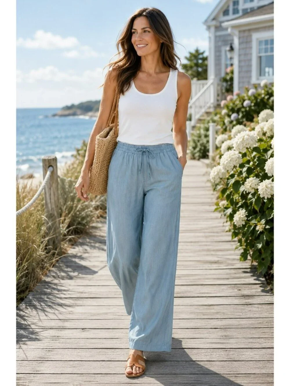 Garnet Hill Wide-Leg Elastic Waist Pants Womens Medium Blue Cotton Tencel Blend